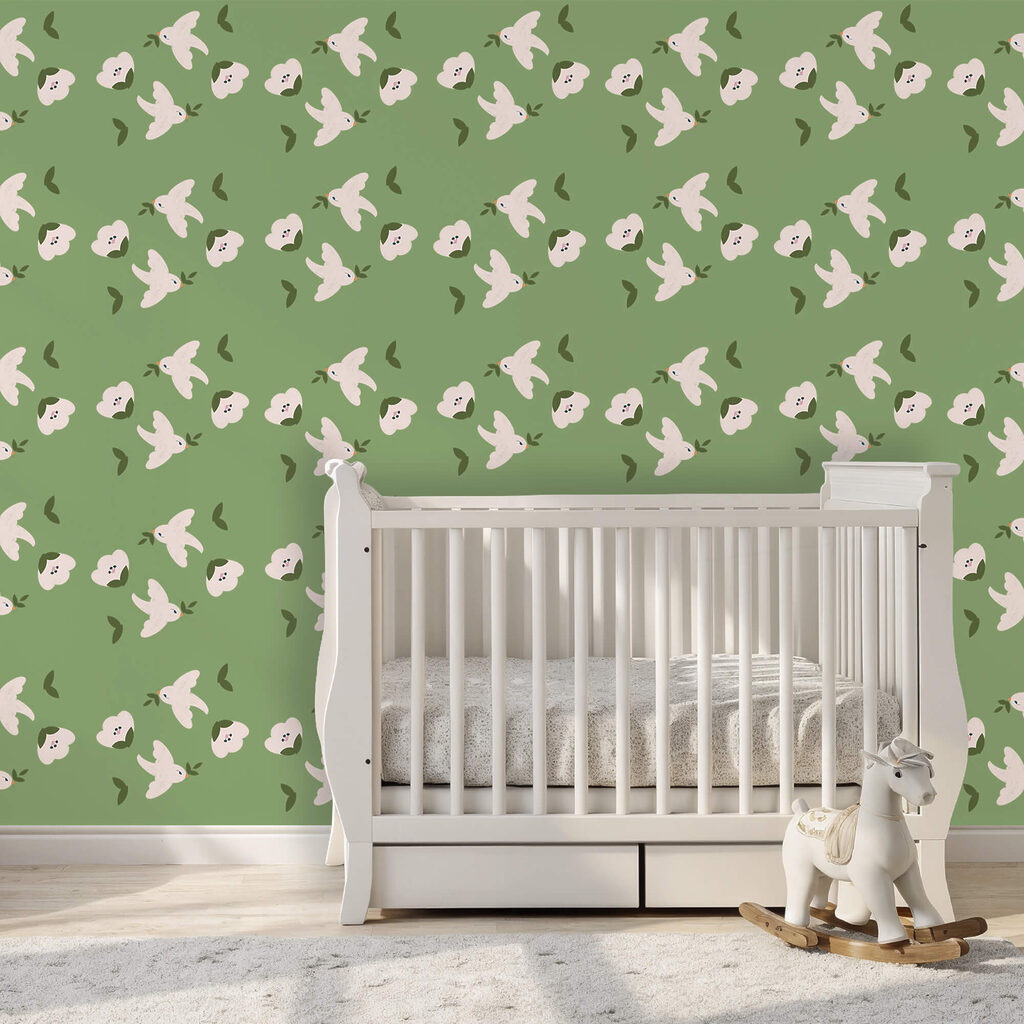 Pattern of white birds and green leaves Pattern of white birds and green leaves