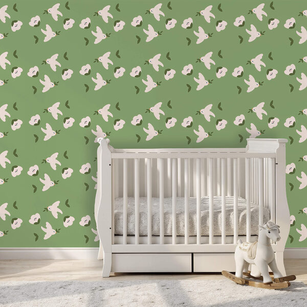 Pattern of white birds and green leaves Pattern of white birds and green leaves