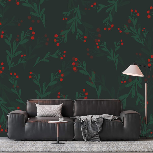 Wall murals Wall murals Pattern of red flowers and leaves (SKU: t00583)