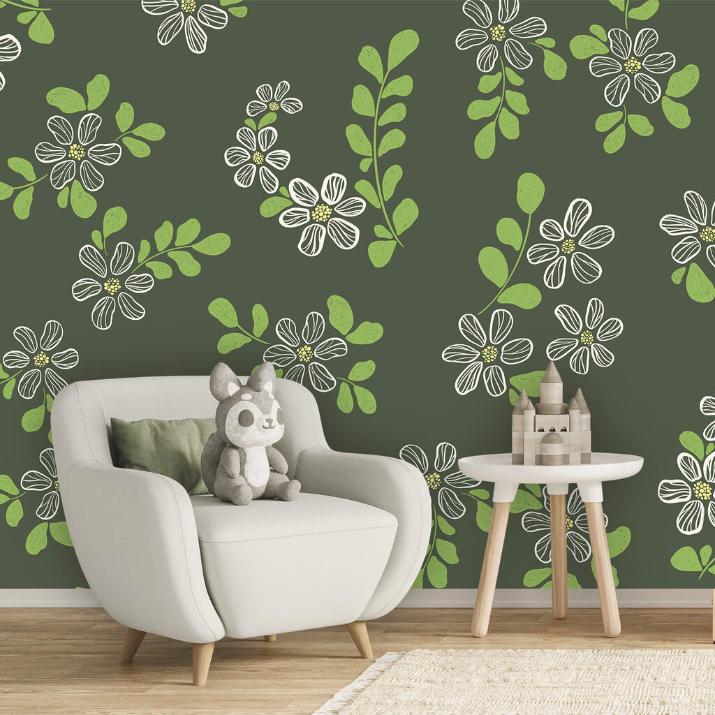 Pattern of white flowers and green leaves Pattern of white flowers and green leaves