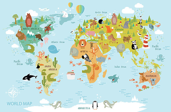 Map of the world with animals Map of the world with animals
