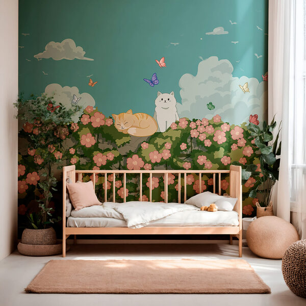 Cartoon of cats and butterflies on a bush Wall mural Cartoon of cats and butterflies on a bush