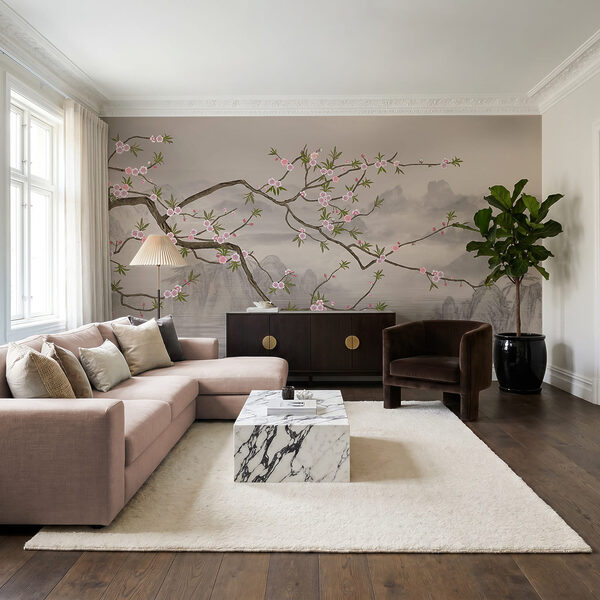Tree branch with pink flowers on it
