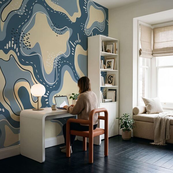 Blue and white background with white and yellow shapes