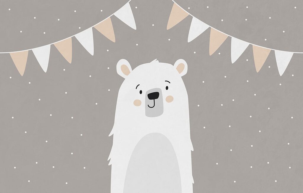 White bear with a garland of flags