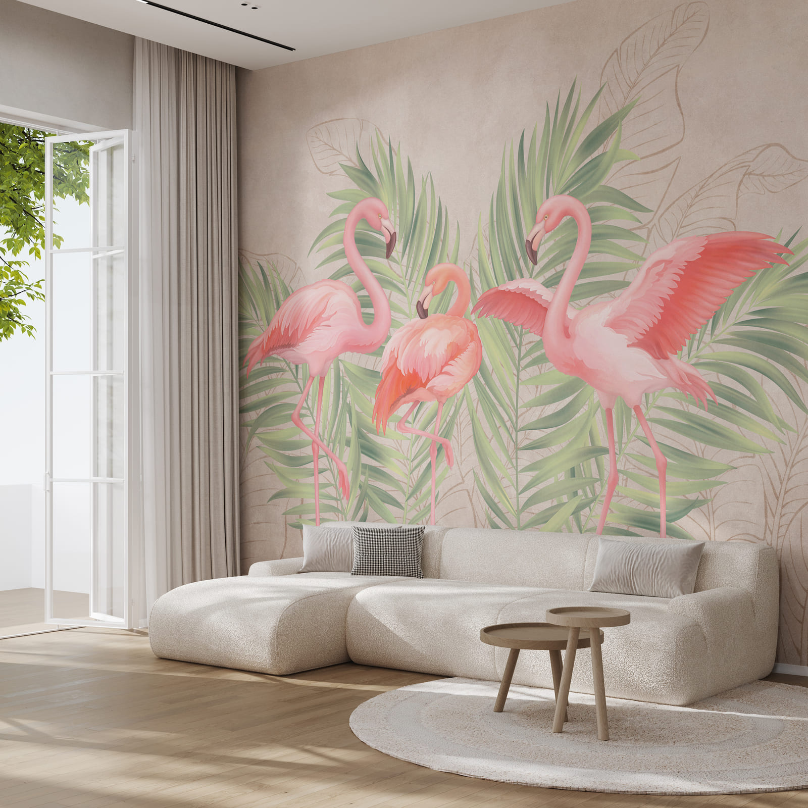 Group of pink flamingos with green leaves Group of pink flamingos with green leaves