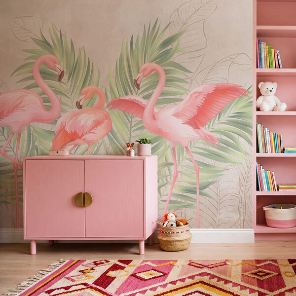 Group of pink flamingos with green leaves Group of pink flamingos with green leaves