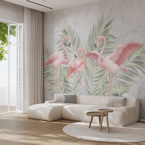 Group of pink flamingos with green leaves Group of pink flamingos with green leaves