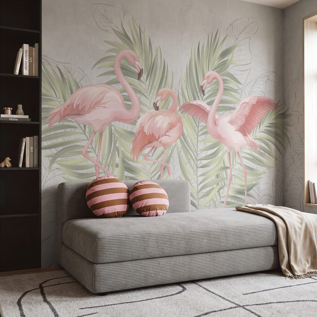 Group of pink flamingos with green leaves Group of pink flamingos with green leaves