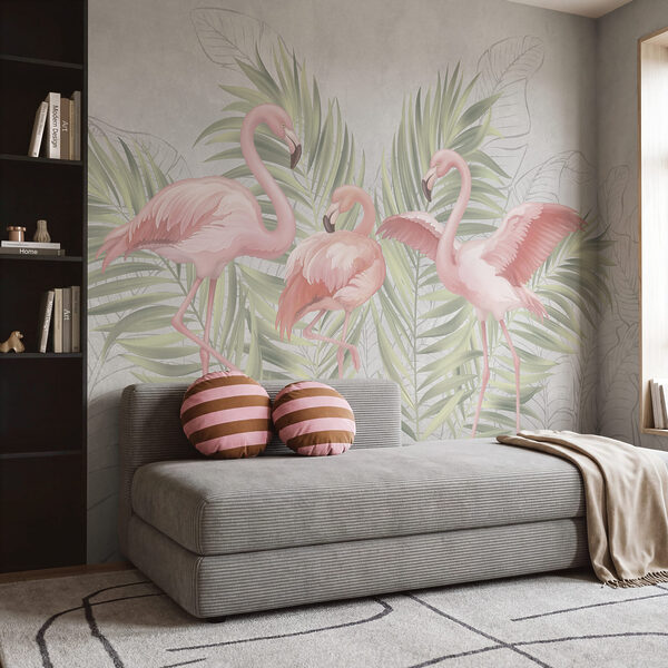 Group of pink flamingos with green leaves Group of pink flamingos with green leaves