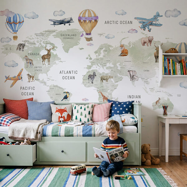 Map of the world with animals and birds