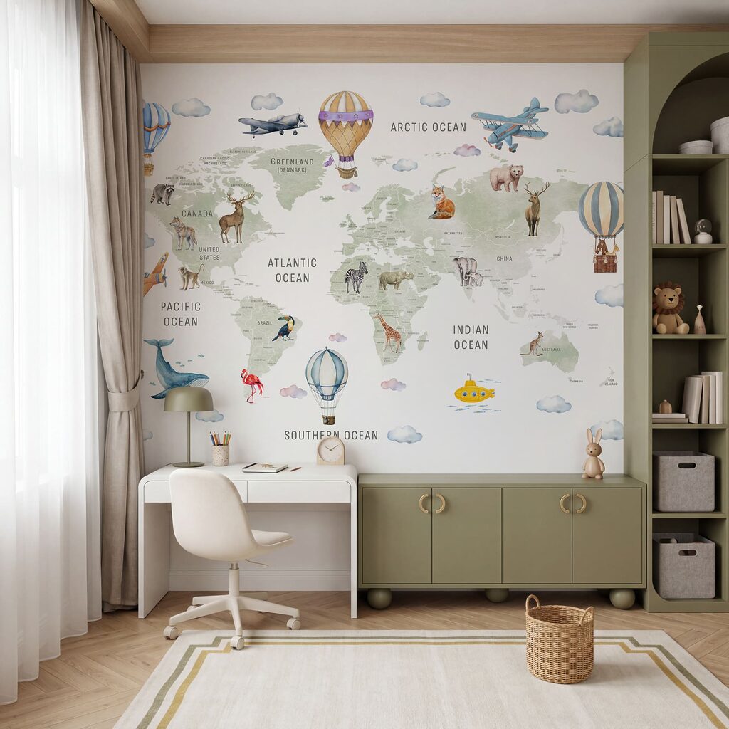 Map of the world with animals and birds