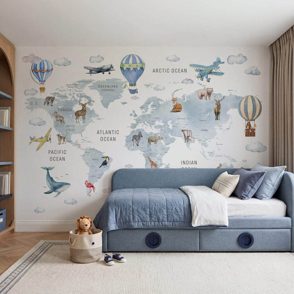 Map of the world with animals and birds Map of the world with animals and birds
