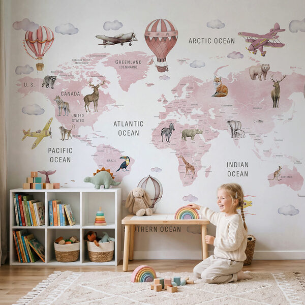 Map of the world with animals and birds Map of the world with animals and birds