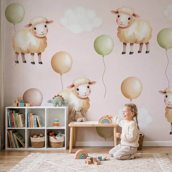 Wall mural Pattern of sheep and balloons (SKU: w03860) Wall mural Wall mural Pattern of sheep and balloons (SKU: w03860)