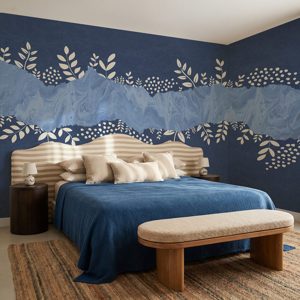 Blue and white background with white leaves and dots