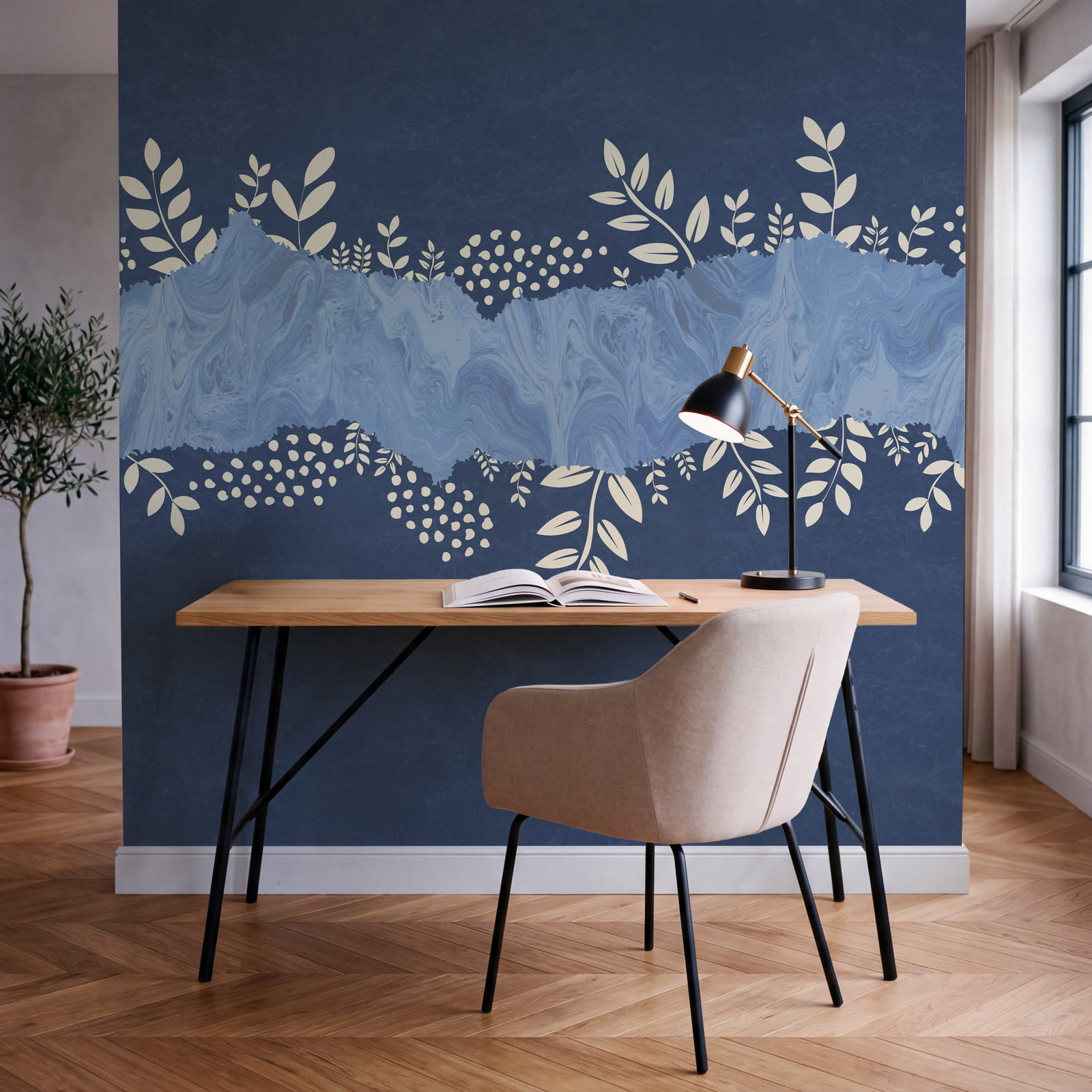 Blue and white background with white leaves and dots