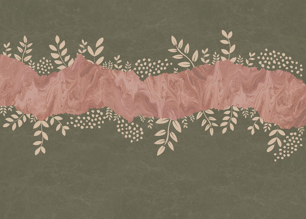 Pink and green background with leaves and flowers