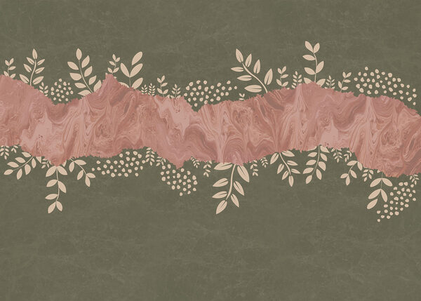 Pink and green background with leaves and flowers