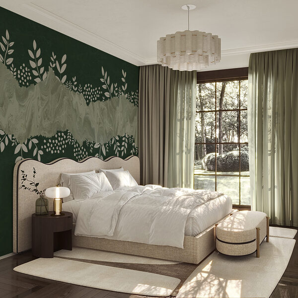 Green and white background with white leaves and flowers