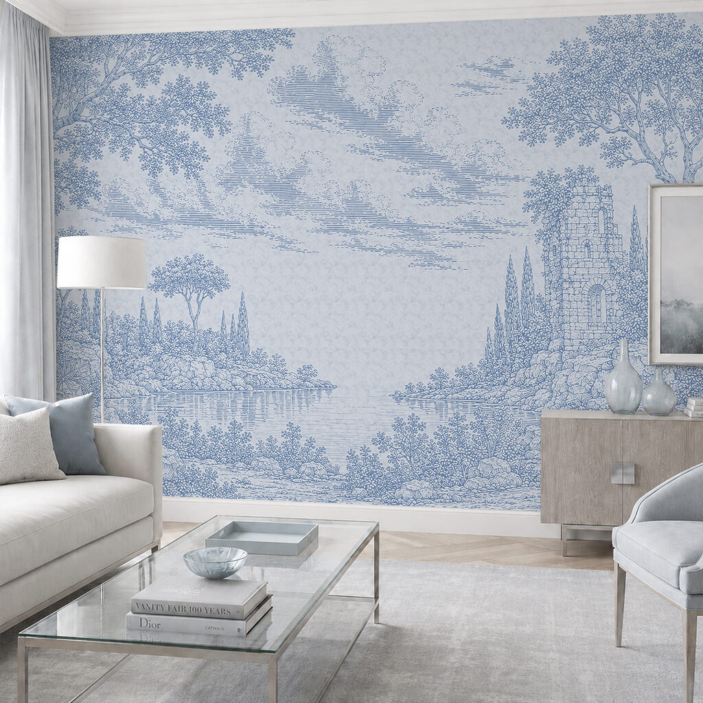 Blue and white drawing of a lake and trees