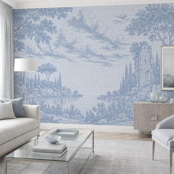 Blue and white drawing of a lake and trees