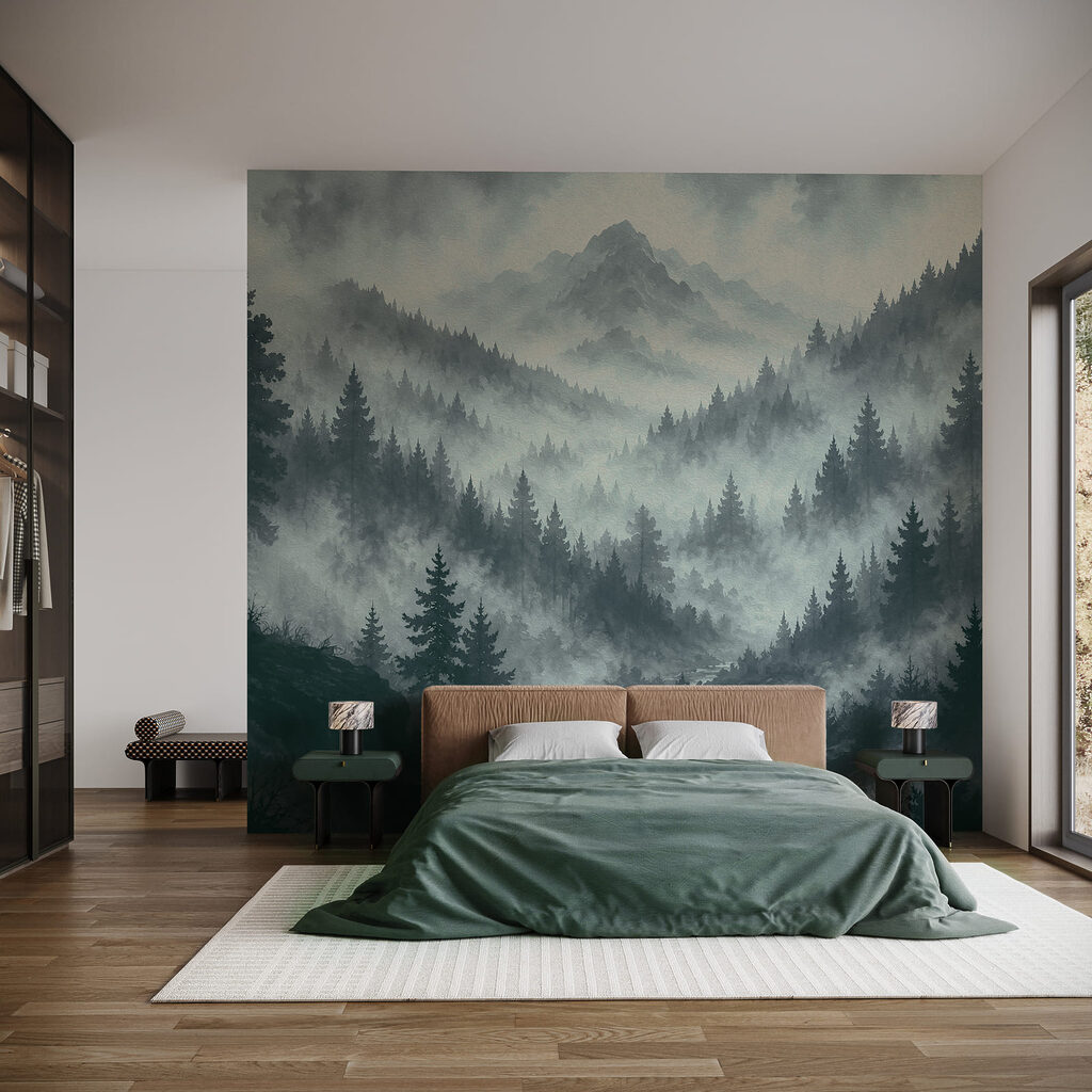 Foggy mountain landscape with trees and a river