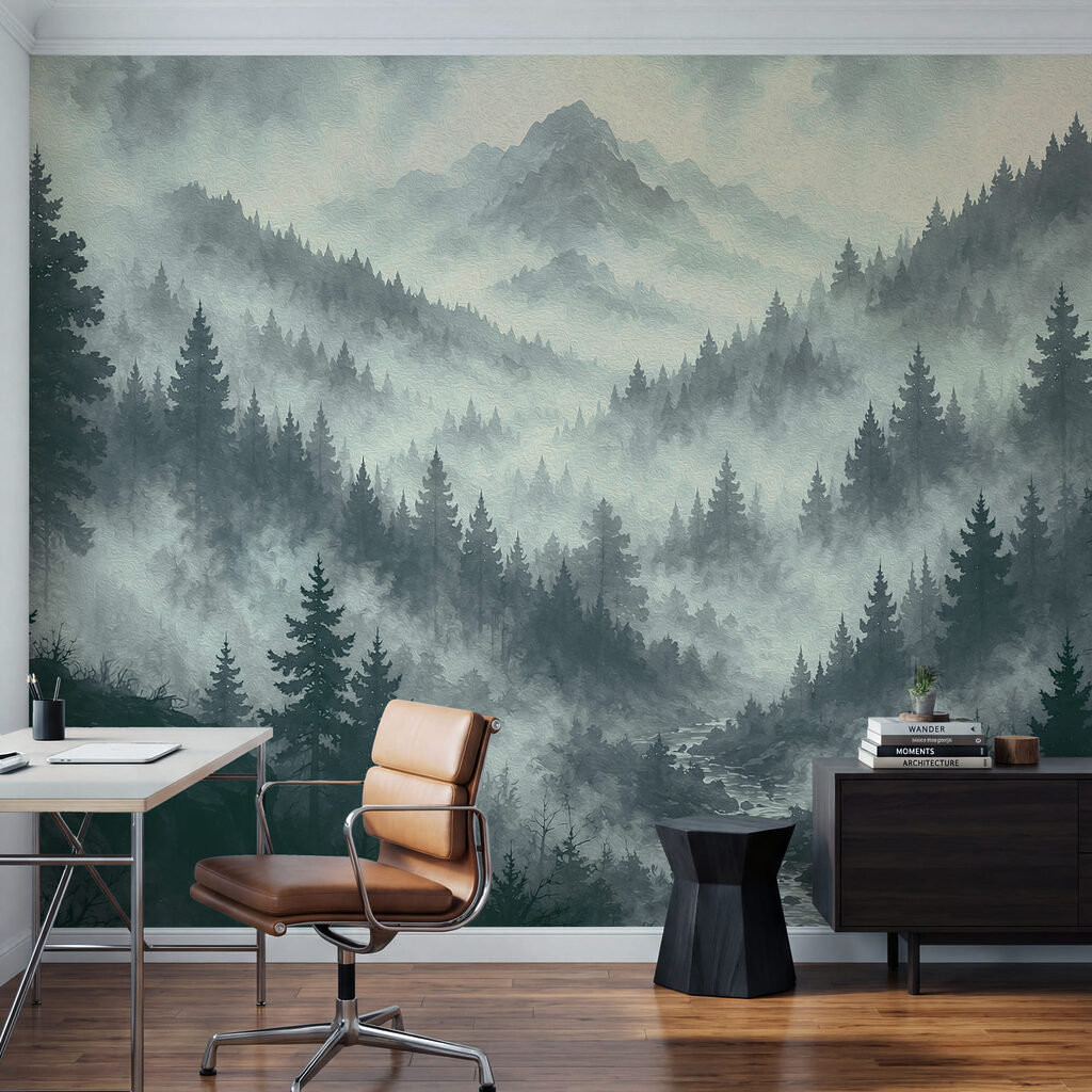 Foggy mountain landscape with trees and a river