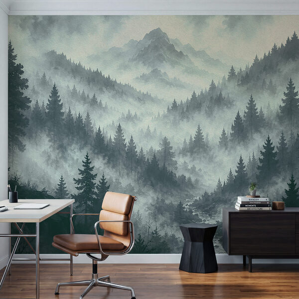 Foggy mountain landscape with trees and a river