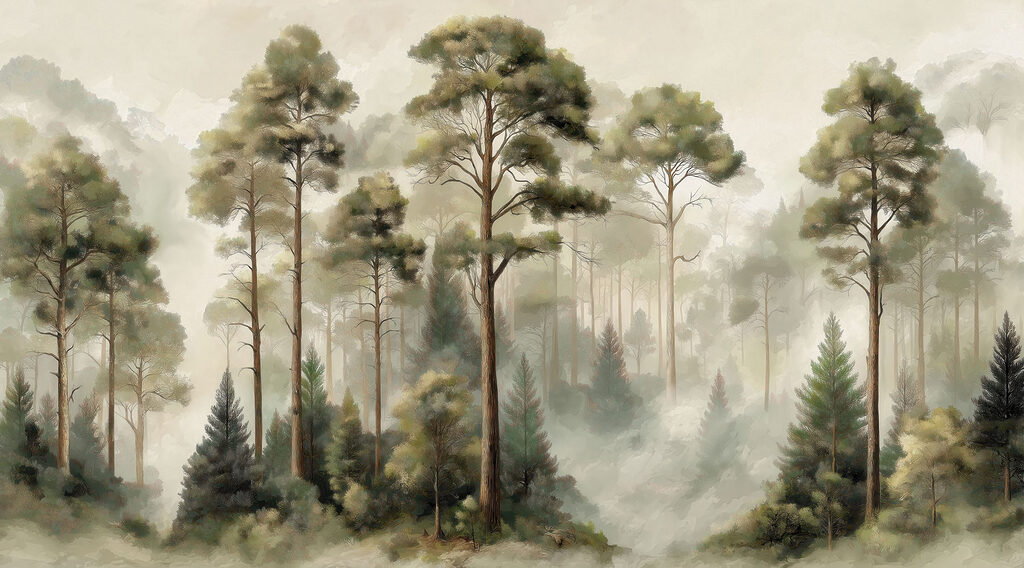 Group of trees in a foggy forest Group of trees in a foggy forest