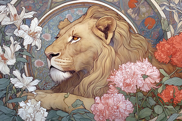 Lion with flowers around it