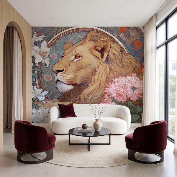 Lion with flowers around it