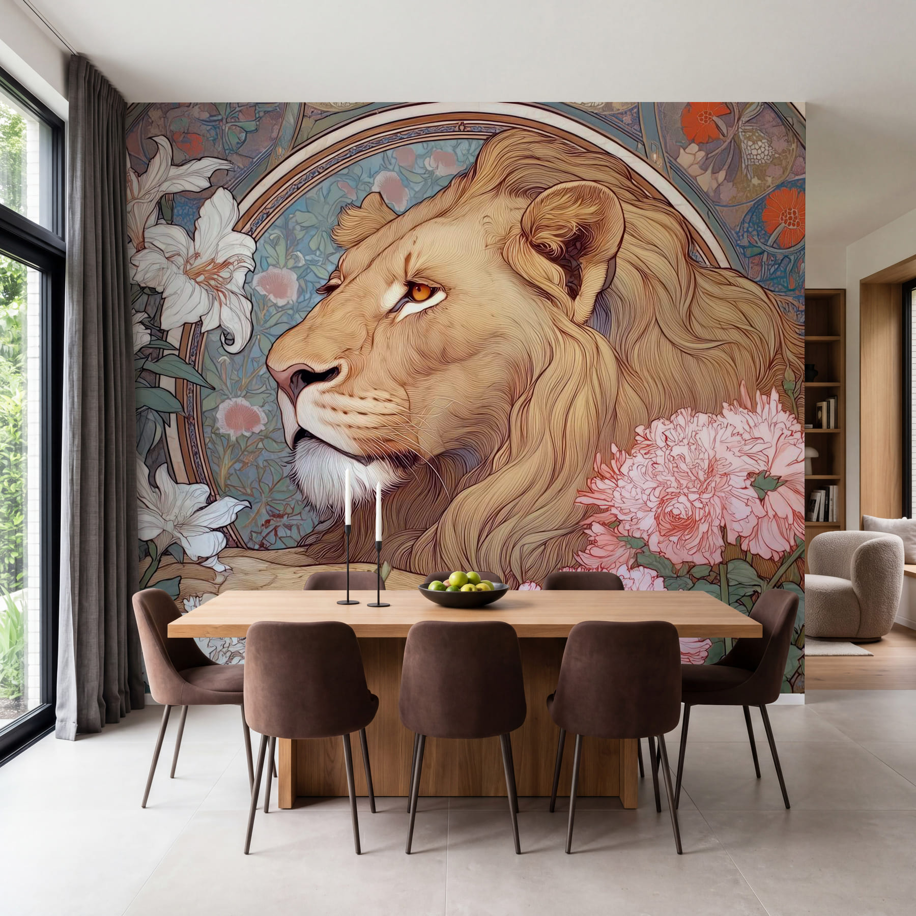 Lion with flowers around it