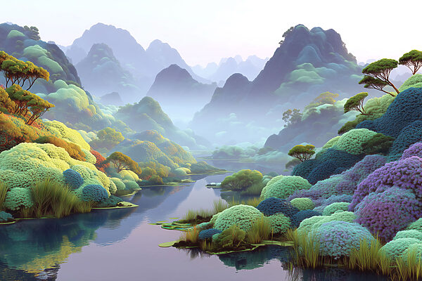 River with colorful bushes and mountains