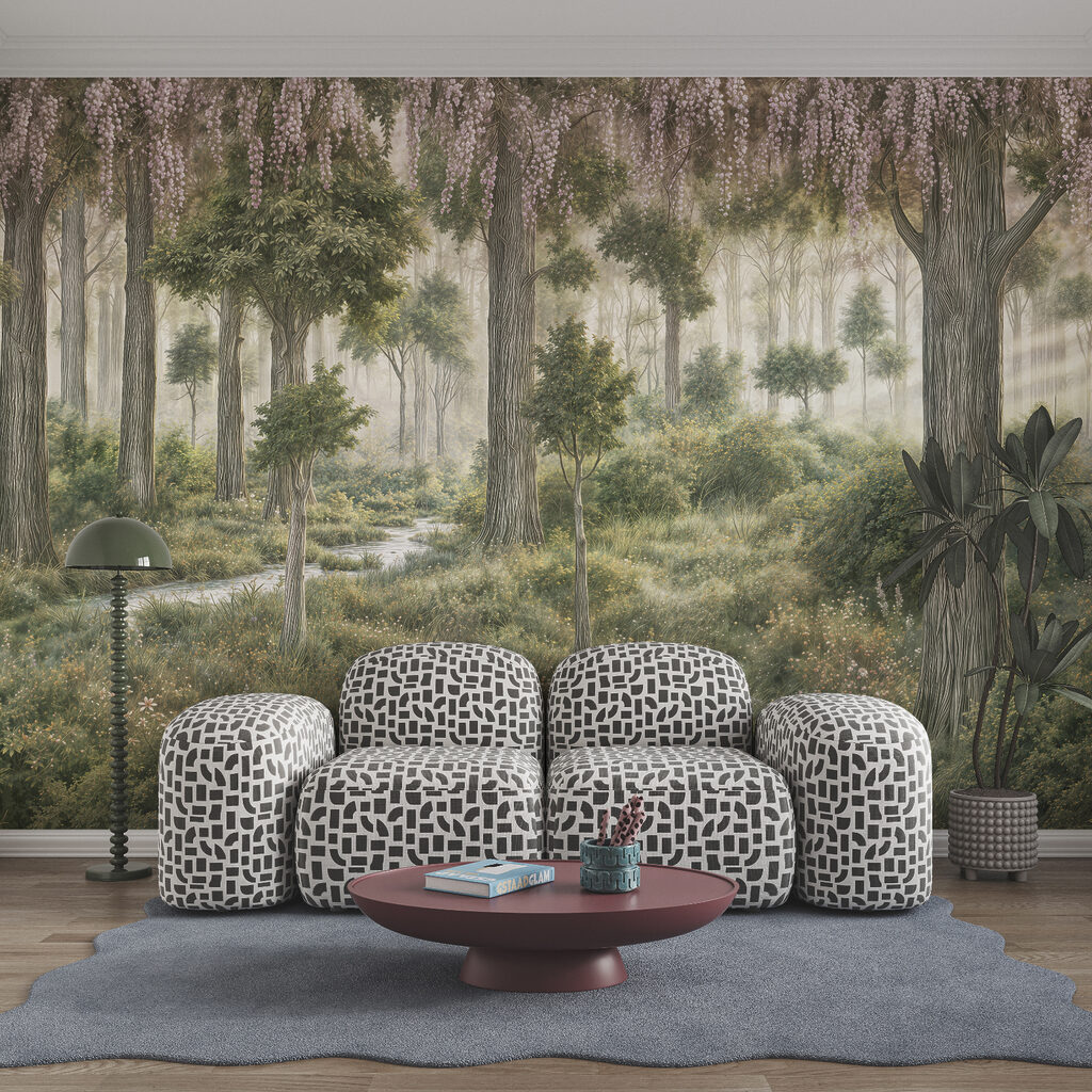 Painting of a forest with trees and plants Painting of a forest with trees and plants