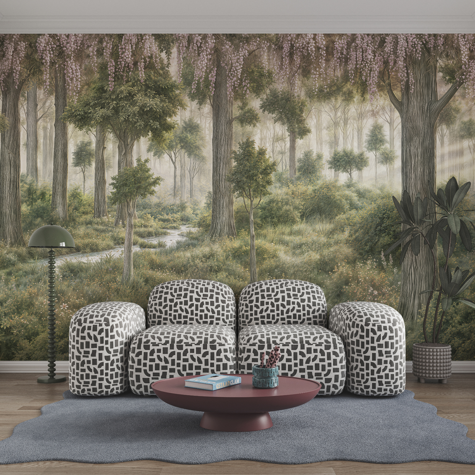 Painting of a forest with trees and plants Painting of a forest with trees and plants