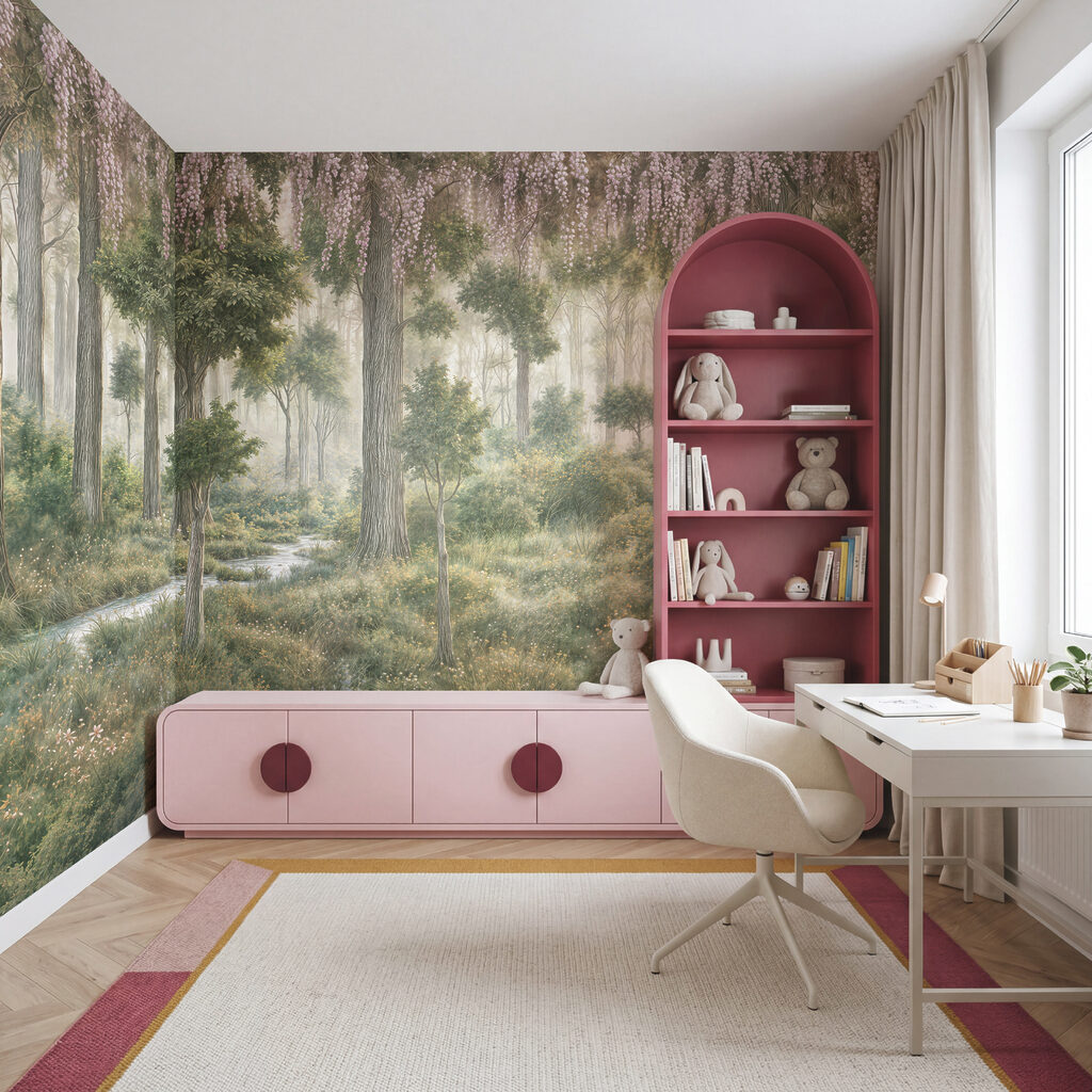 Painting of a forest with trees and plants Painting of a forest with trees and plants