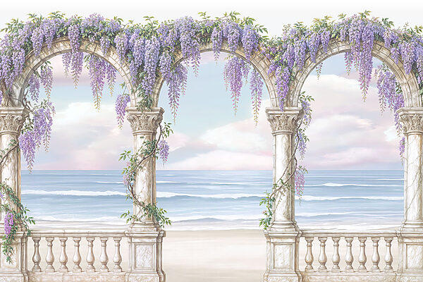 Painting of a archway with purple flowers on it Painting of a archway with purple flowers on it
