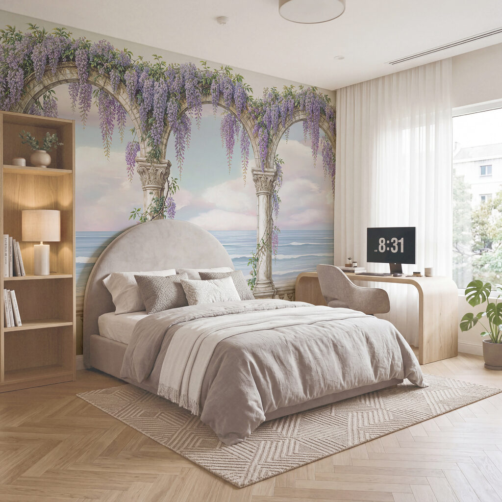 Painting of a archway with purple flowers on it Painting of a archway with purple flowers on it