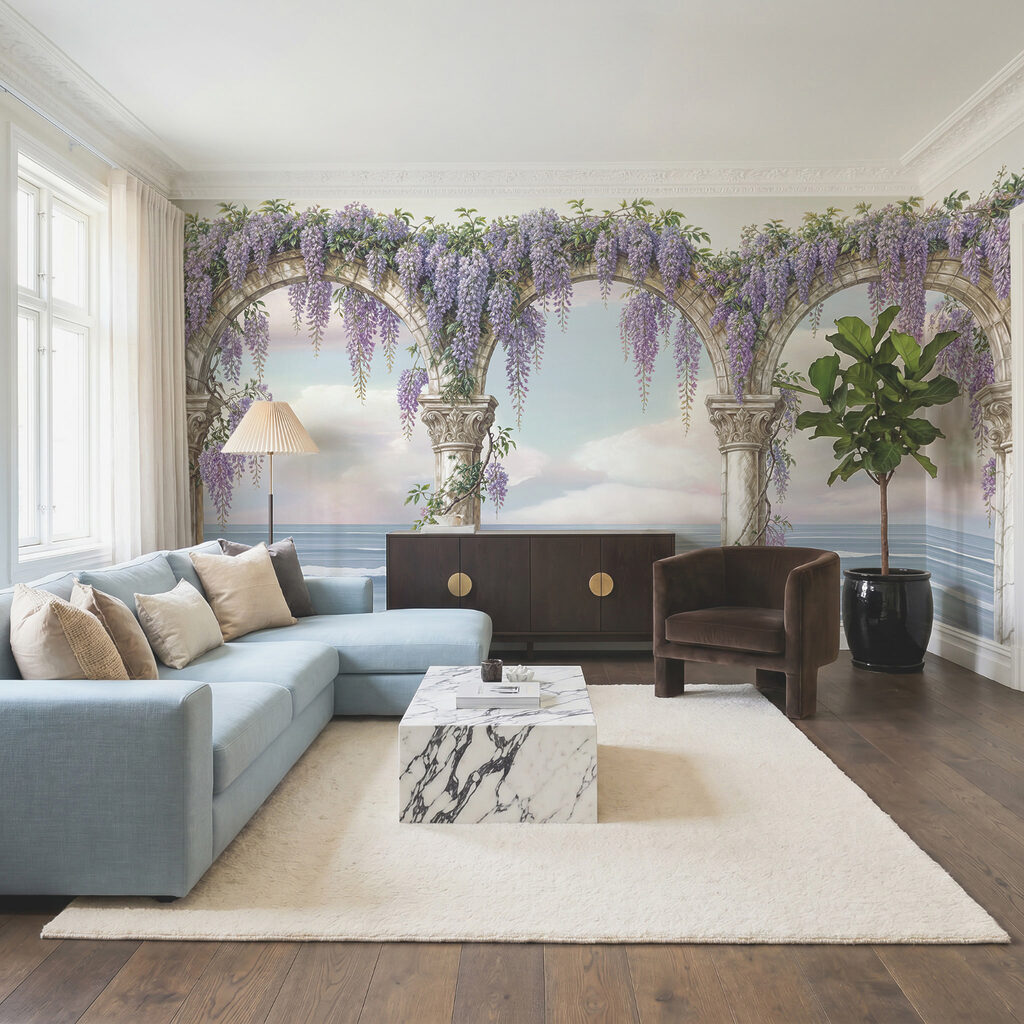 Painting of a archway with purple flowers on it Painting of a archway with purple flowers on it