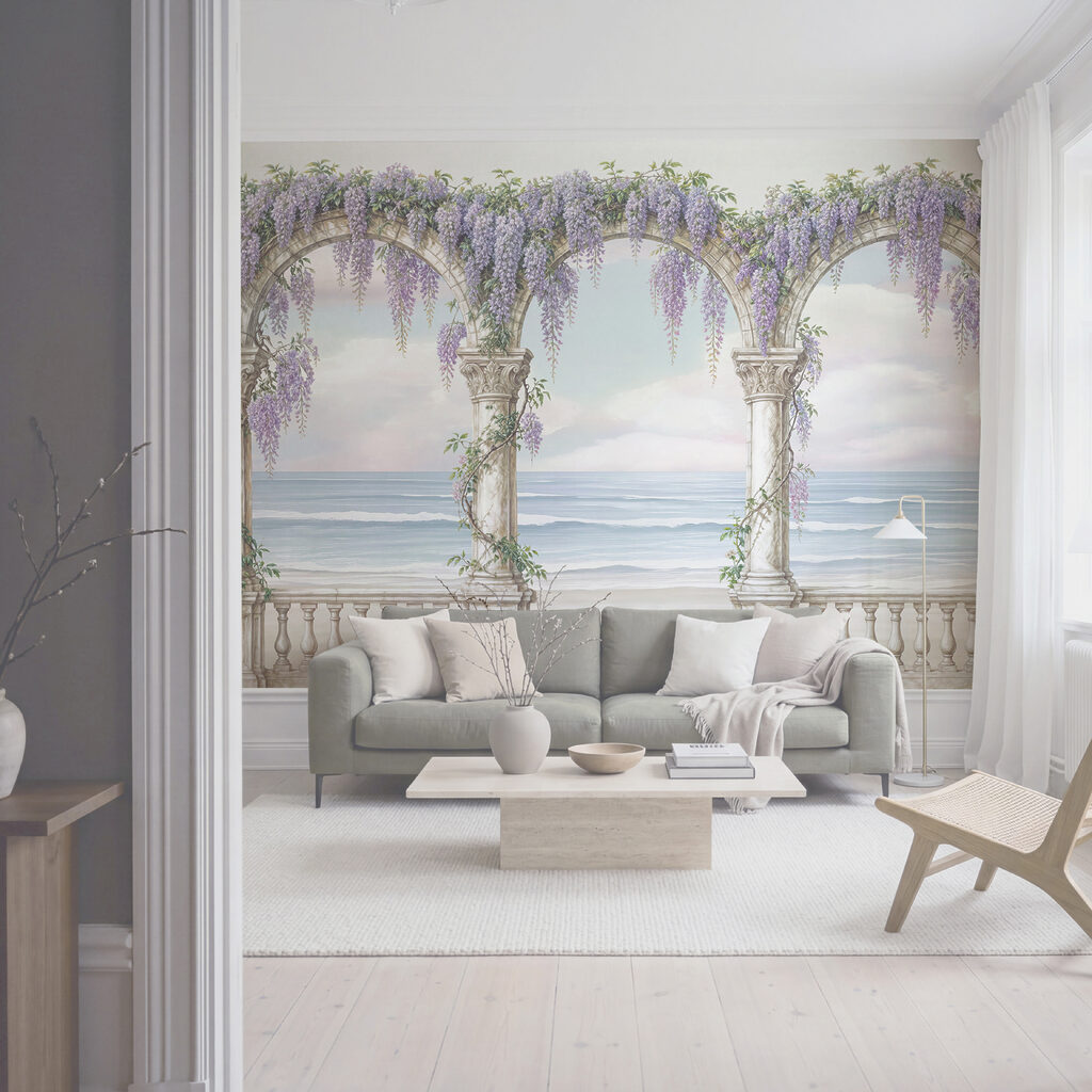 Painting of a archway with purple flowers on it Painting of a archway with purple flowers on it