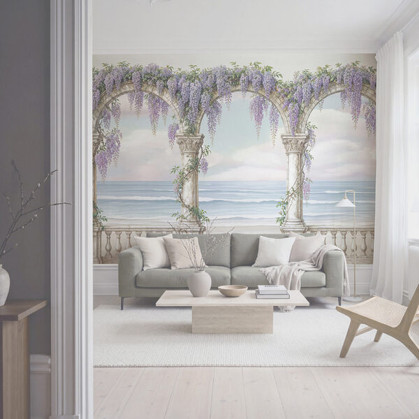 Painting of a archway with purple flowers on it Painting of a archway with purple flowers on it
