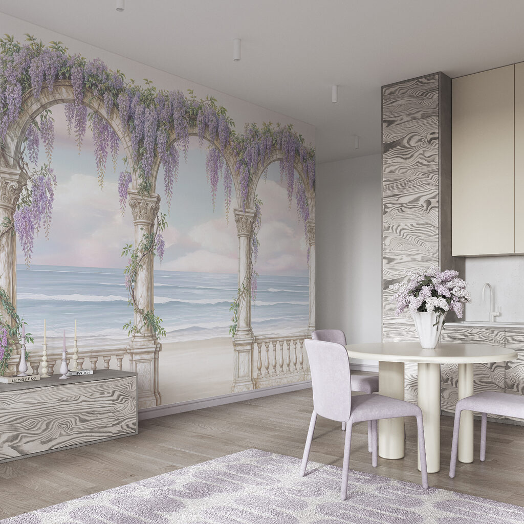Painting of a archway with purple flowers on it Painting of a archway with purple flowers on it