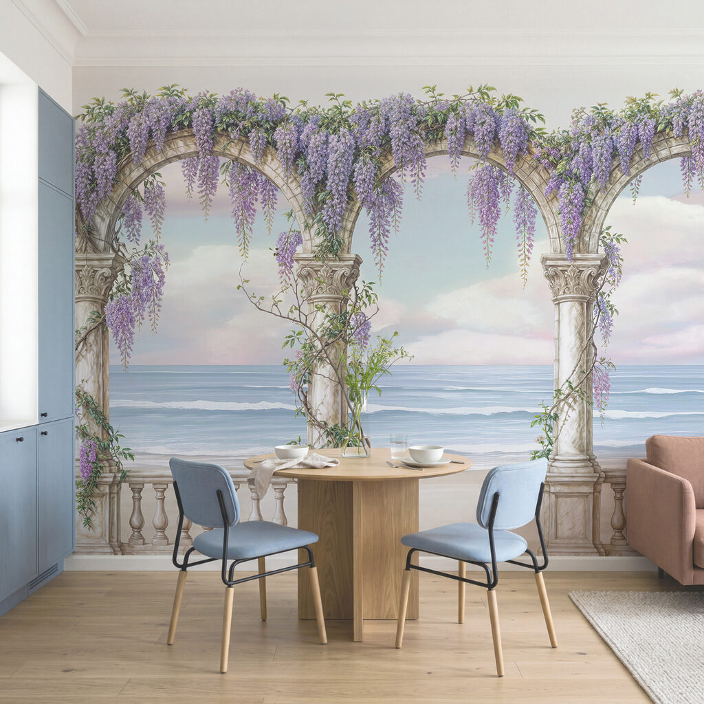 Painting of a archway with purple flowers on it Painting of a archway with purple flowers on it