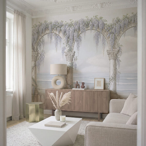 White archway with purple flowers on it Wall mural White archway with purple flowers on it