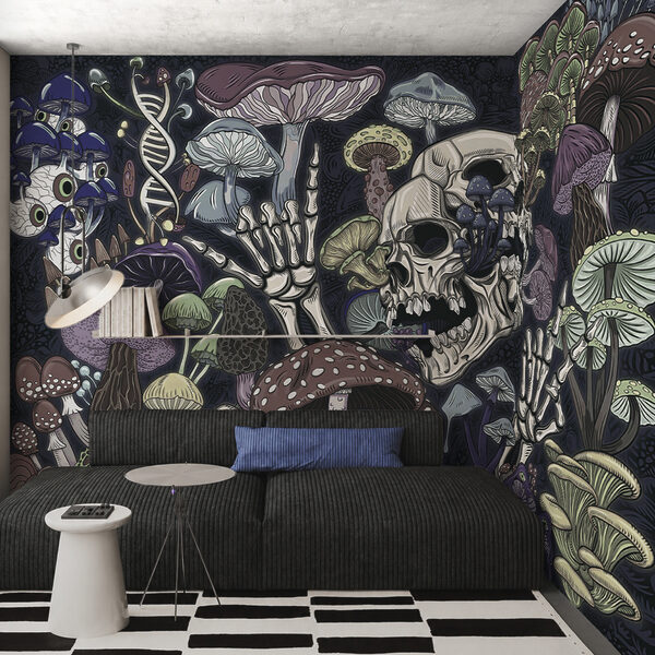 Skeleton and mushrooms with a hand