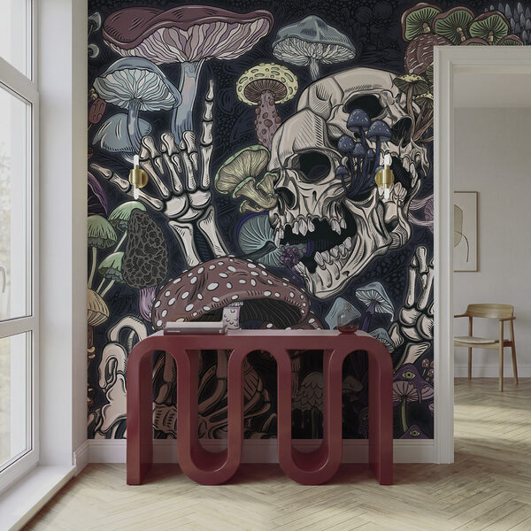 Skeleton and mushrooms with a hand