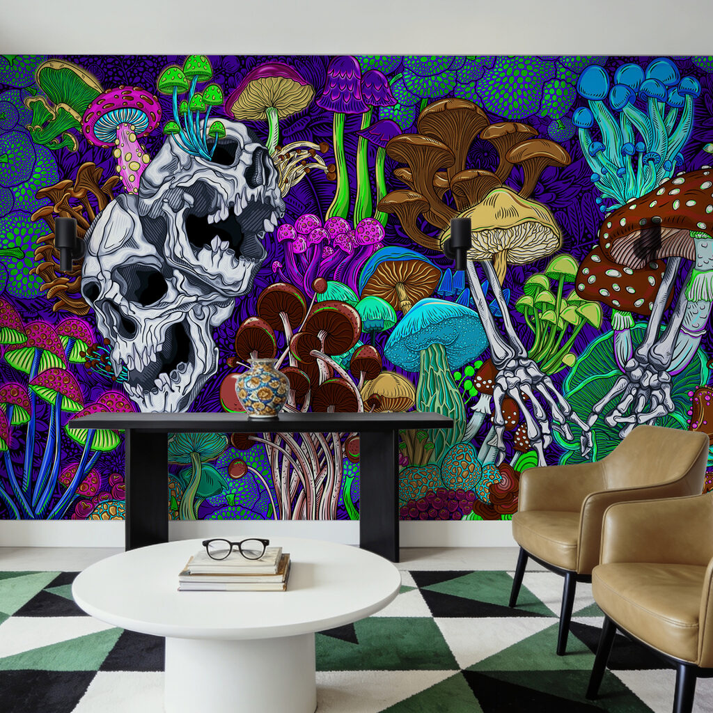 Colorful art of mushrooms and skulls Colorful art of mushrooms and skulls