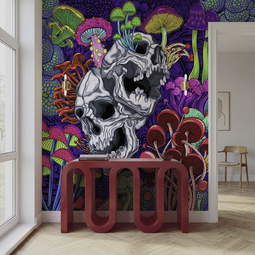 Colorful art of mushrooms and skulls Colorful art of mushrooms and skulls