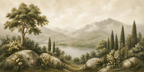 Painting of a lake and mountains